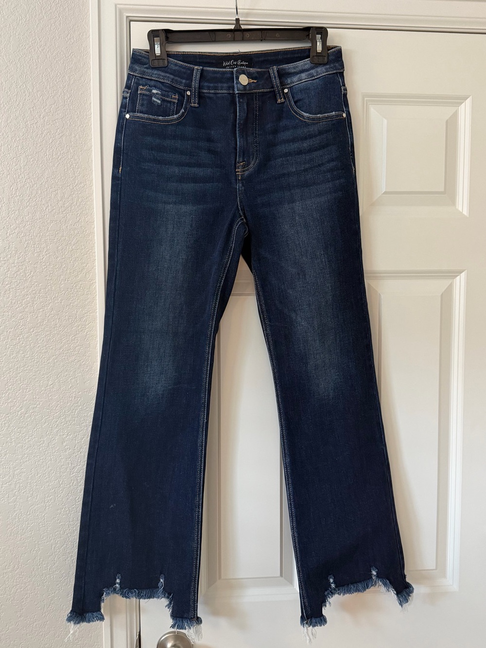 Risen Dark Blue Wide-Leg Jeans with Raw Hem